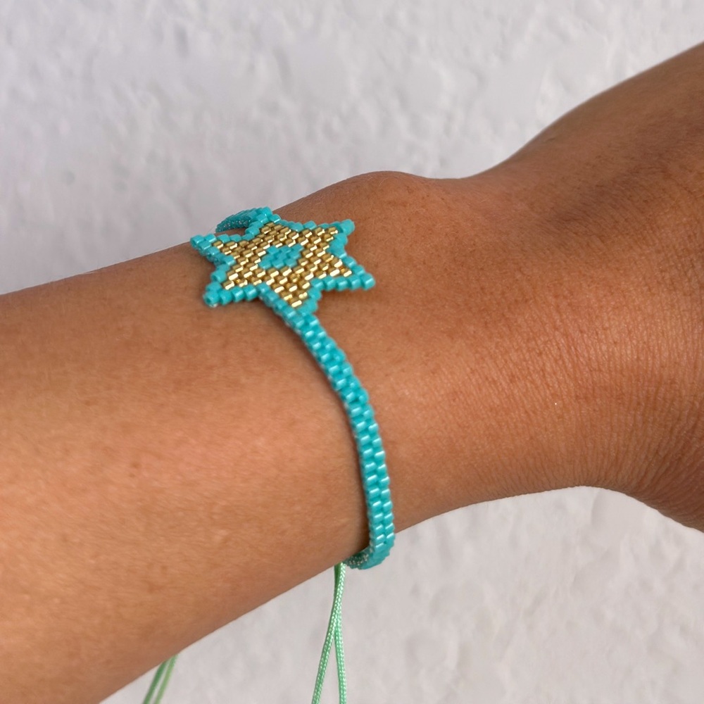 Handbeaded Blue Star of David Adjustable Bracelet fits for any wrist size